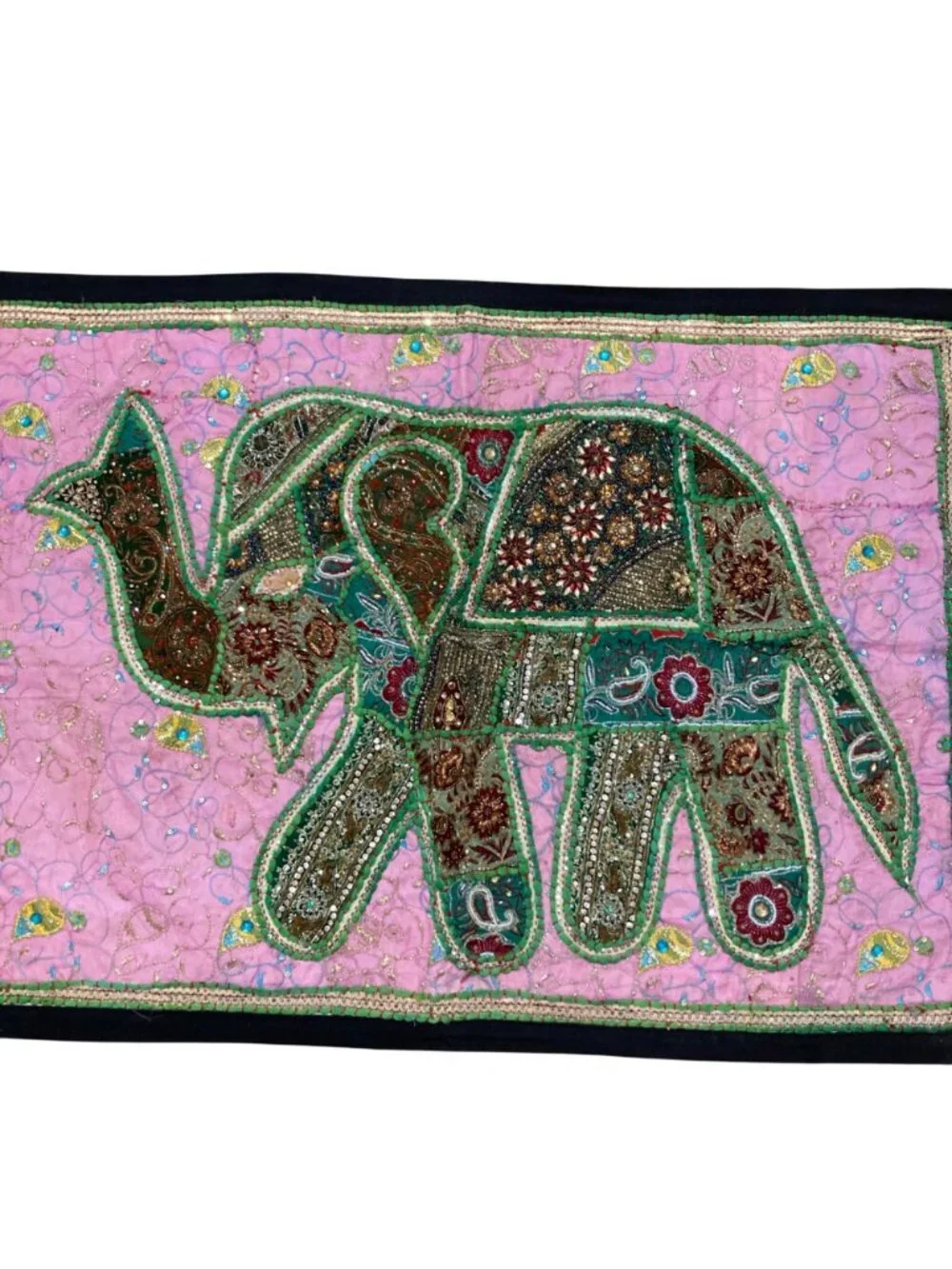 Handmade Vintage Patchwork Sari Elephant Embroidered Beaded Tapestry Pink & Blue